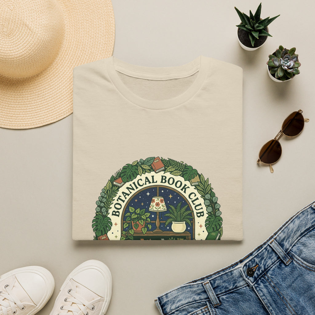 Botanical book club shirt, plant lady book lover tee, cottagecore bookshelf graphic, cat and plants t-shirt, sand colored bookish apparel