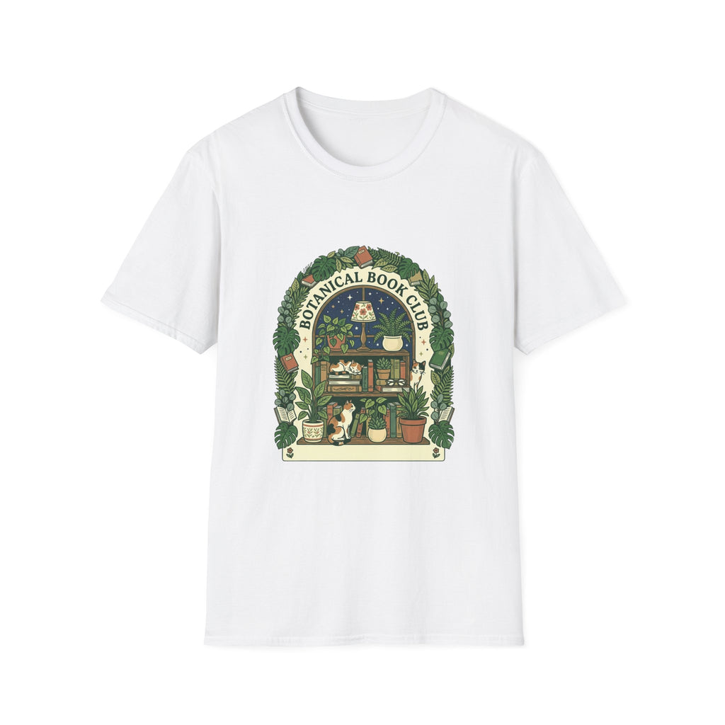 Botanical book club shirt, plant lady book lover tee, cottagecore bookshelf graphic, cat and plants t-shirt, sand colored bookish apparel