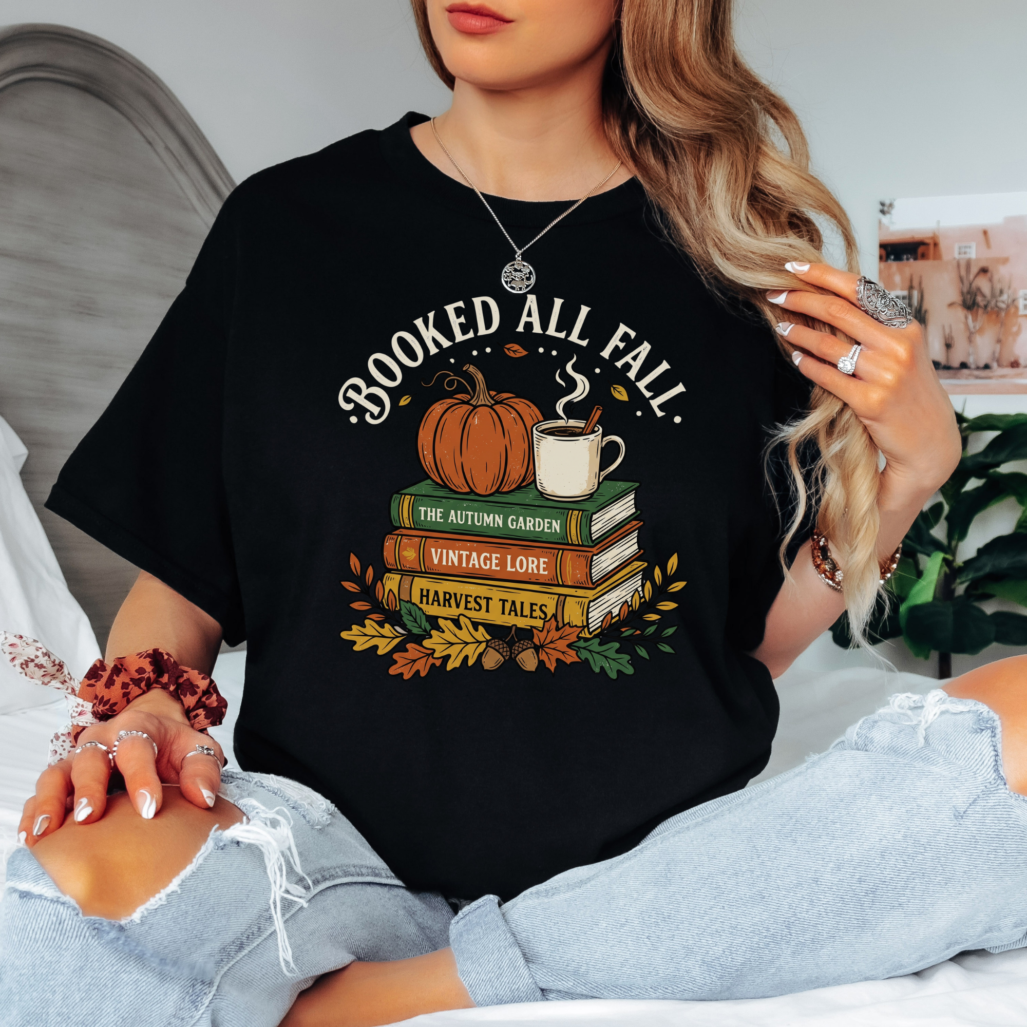 Booked all fall shirt, autumn book lover tee, pumpkin spice reading shirt, fall books t-shirt, cozy autumn bookish apparel, black graphic tee