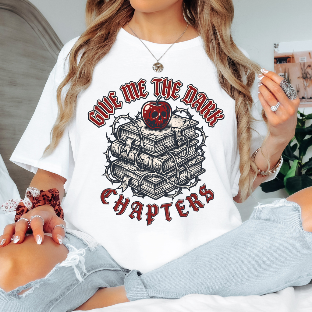 Give Me the Dark Chapters gothic book stack t-shirt with skull apple, dark romance reader tee