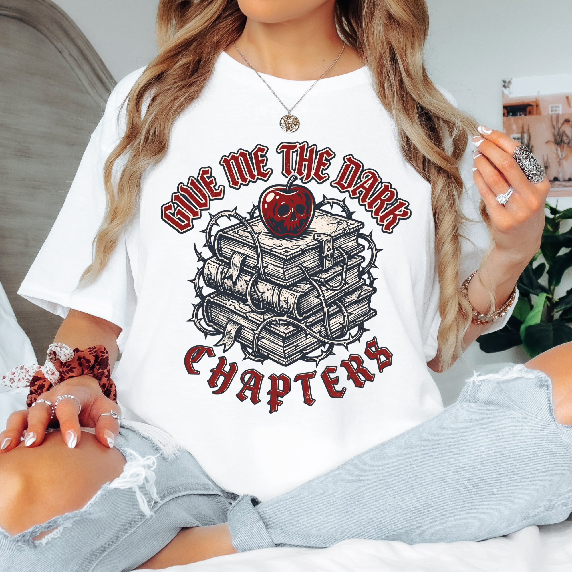 Give Me the Dark Chapters gothic book stack t-shirt with skull apple, dark romance reader tee