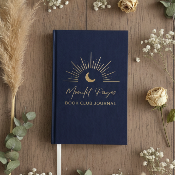 A navy blue hardcover book club journal with gold foil lettering reading 'Moulin Pages' and 'Book Club Journal,' placed on a wooden surface surrounded by dried grasses, white baby's breath, and pale roses.