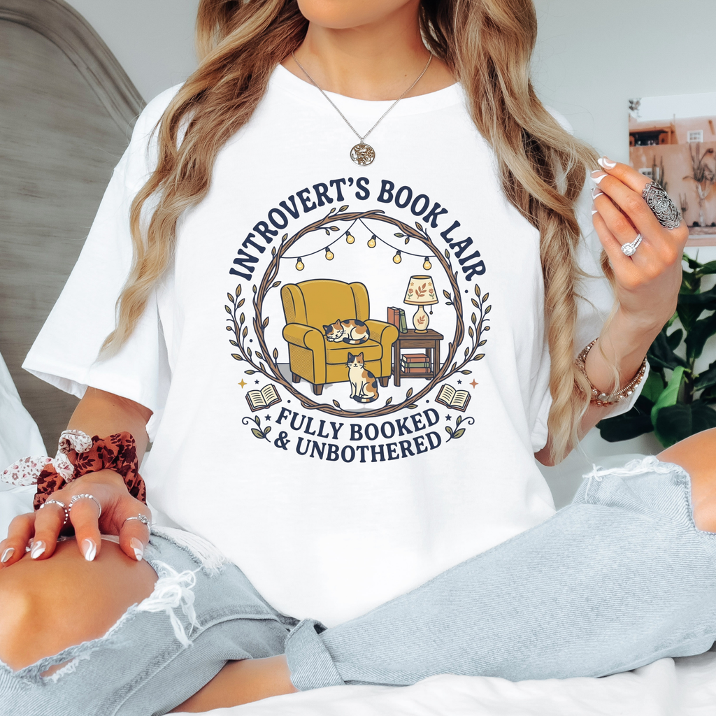 Introvert book lover shirt, cozy reading nook tee, cat and armchair graphic, fully booked and unbothered t-shirt, bookish gift for readers
