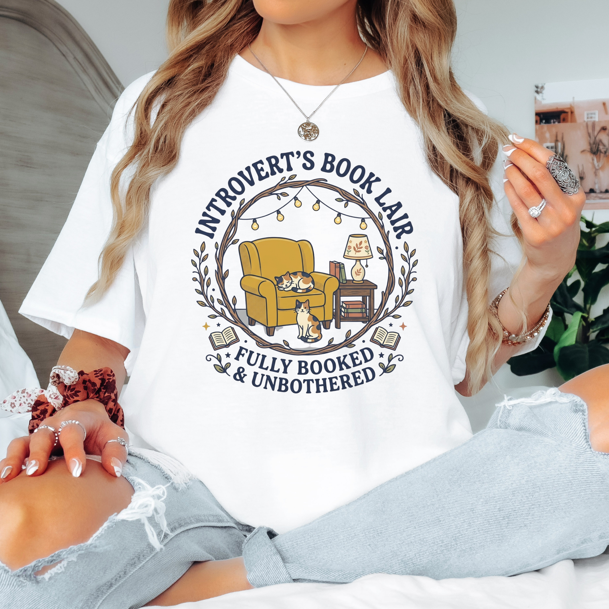 Introvert book lover shirt, cozy reading nook tee, cat and armchair graphic, fully booked and unbothered t-shirt, bookish gift for readers