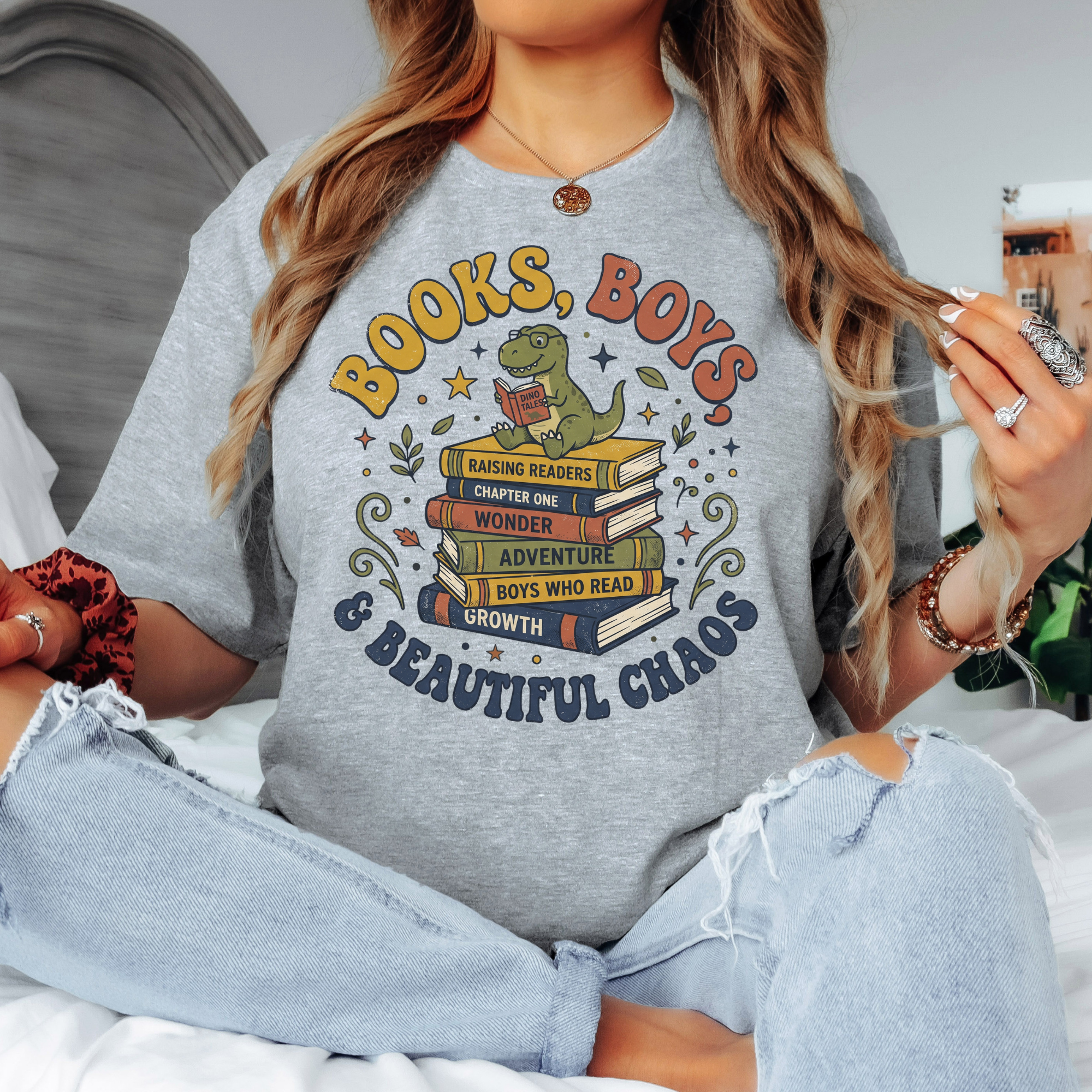 Books, Boys & Beautiful Chaos t-shirt, dinosaur reading on book stack, heather boy mom tee