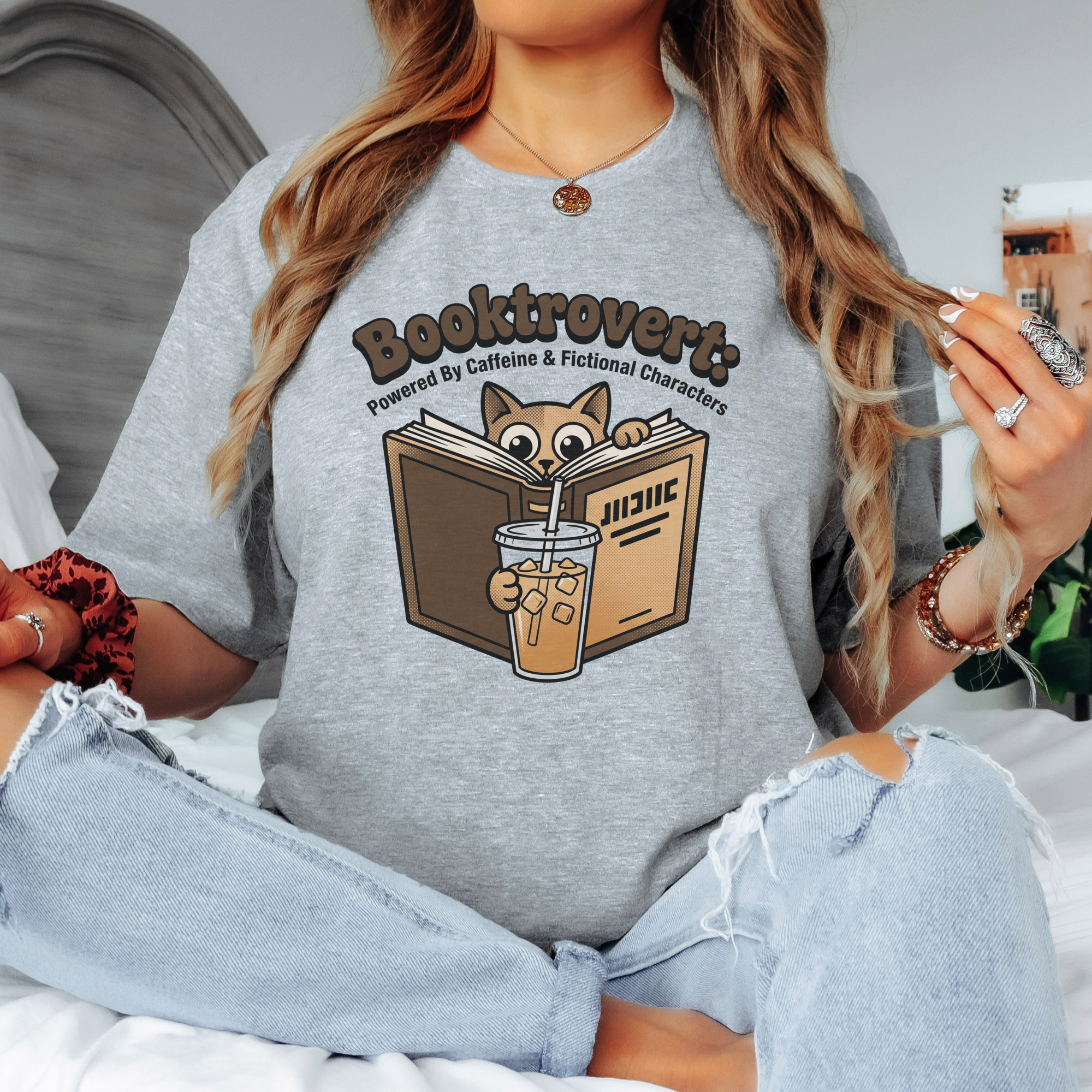 Booktrovert shirt, introvert book lover tee, cat reading book graphic, powered by caffeine and fictional characters shirt