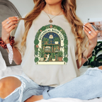 Botanical book club shirt, plant lady book lover tee, cottagecore bookshelf graphic, cat and plants t-shirt, sand colored bookish apparel