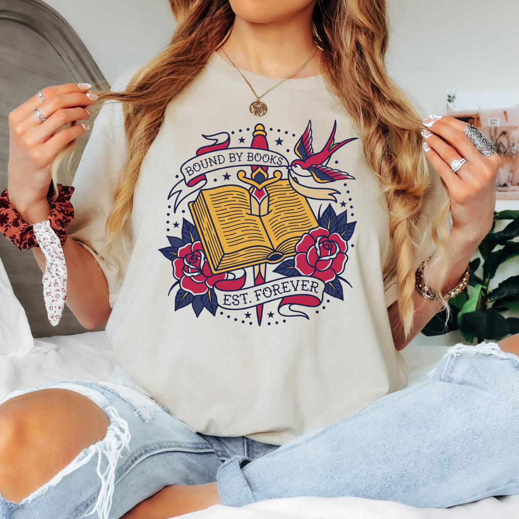Bound by books shirt, vintage tattoo book lover tee, book and dagger graphic, traditional tattoo style bookish t-shirt