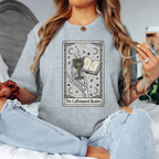 Caffeinated reader shirt, tarot card book lover tee, coffee and books graphic, skeleton reading t-shirt, funny bookish apparel