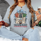 Carrying Books & Emotional Baggage t-shirt, tote bag with books and iced coffee illustration, heather gray funny book lover tee