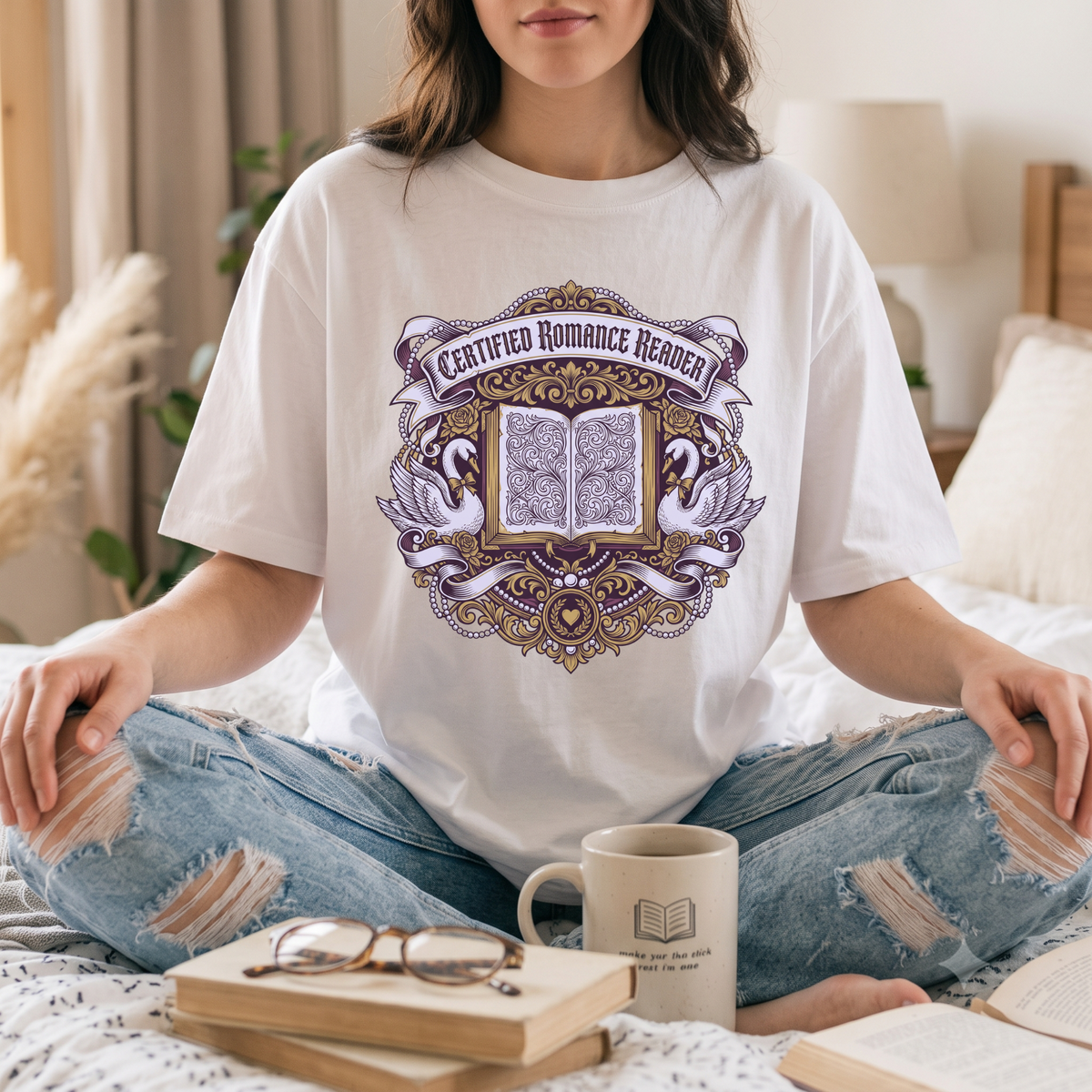 Certified romance reader shirt, romance book lover tee, vintage crest graphic, romantasy reader t-shirt, swan and book design