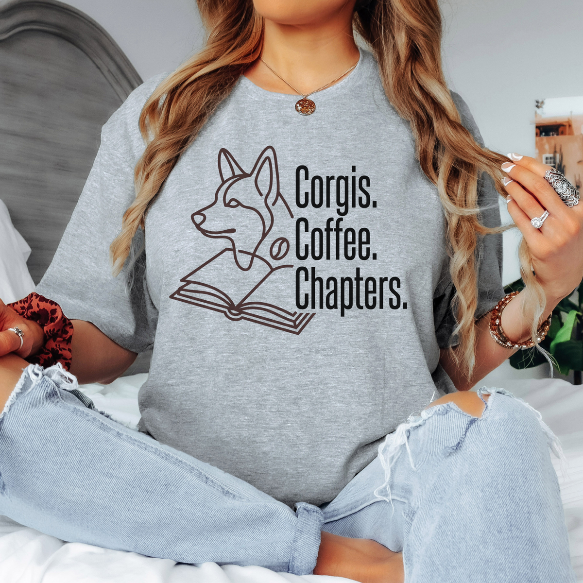Corgi book lover shirt, powered by books coffee and corgis tee, vintage floral corgi graphic, book stack t-shirt for corgi owners