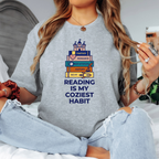 Reading is my coziest habit shirt, genre book stack tee, fantasy romance mystery book lover t-shirt, cozy reader graphic