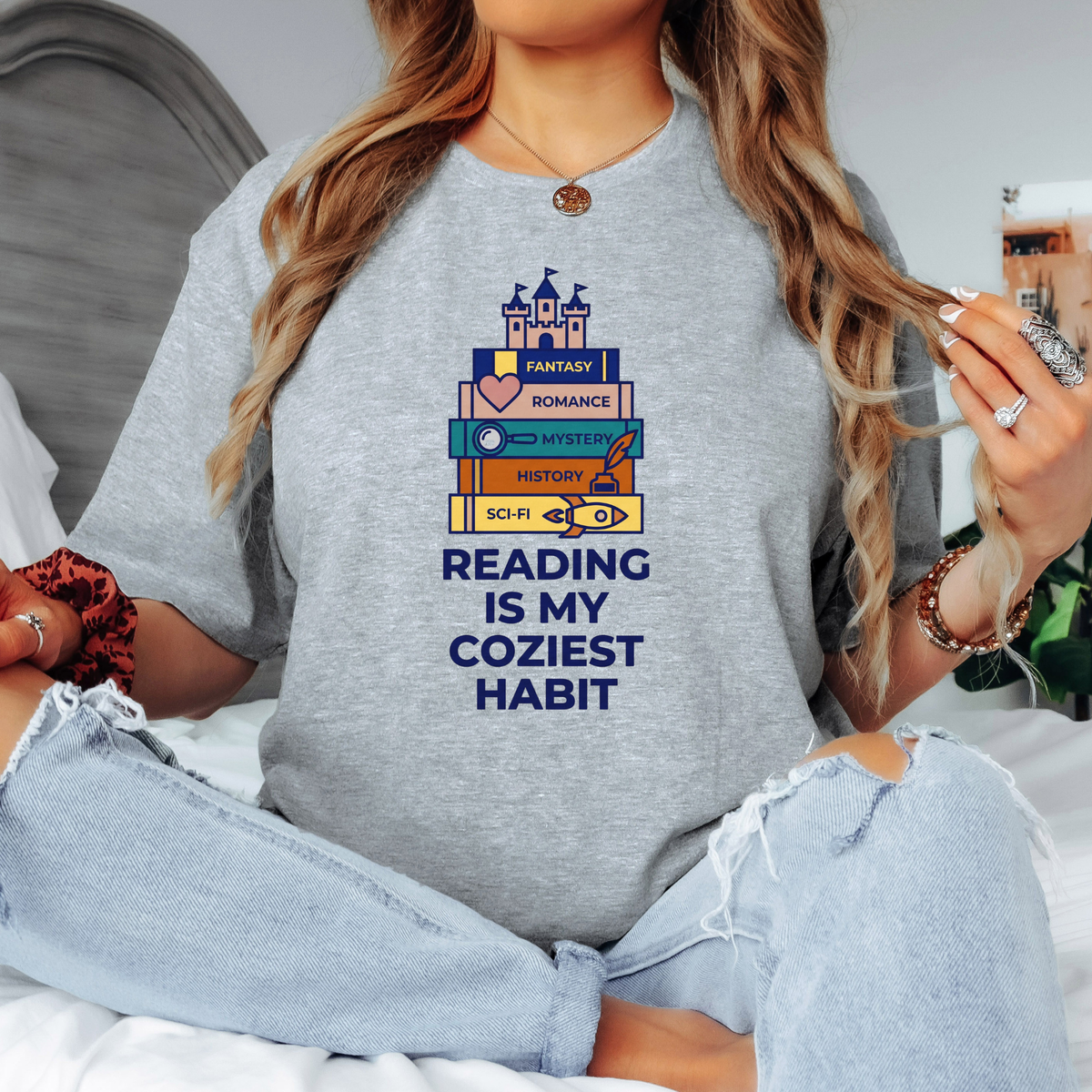 Reading is my coziest habit shirt, genre book stack tee, fantasy romance mystery book lover t-shirt, cozy reader graphic