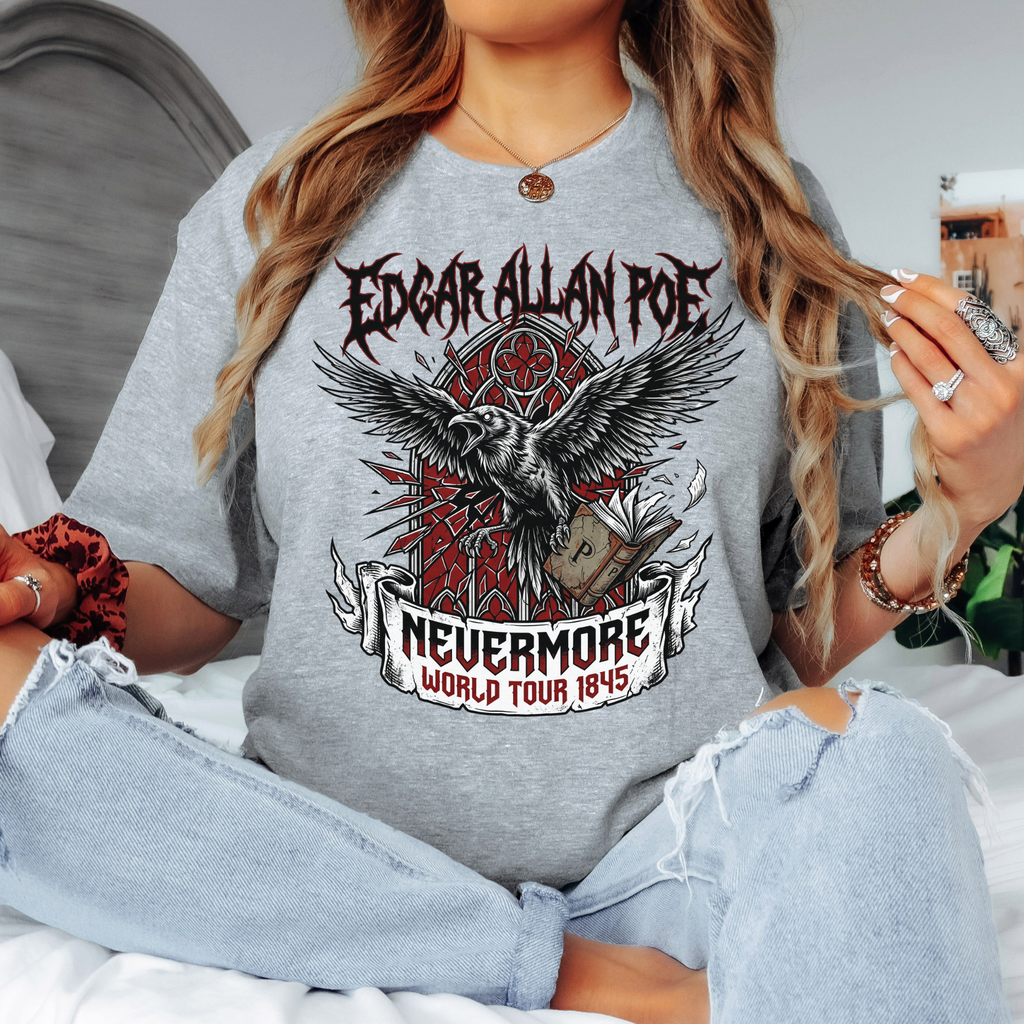 Edgar Allan Poe shirt, Nevermore raven tee, gothic book lover t-shirt, literary band tee, dark academia bookish apparel