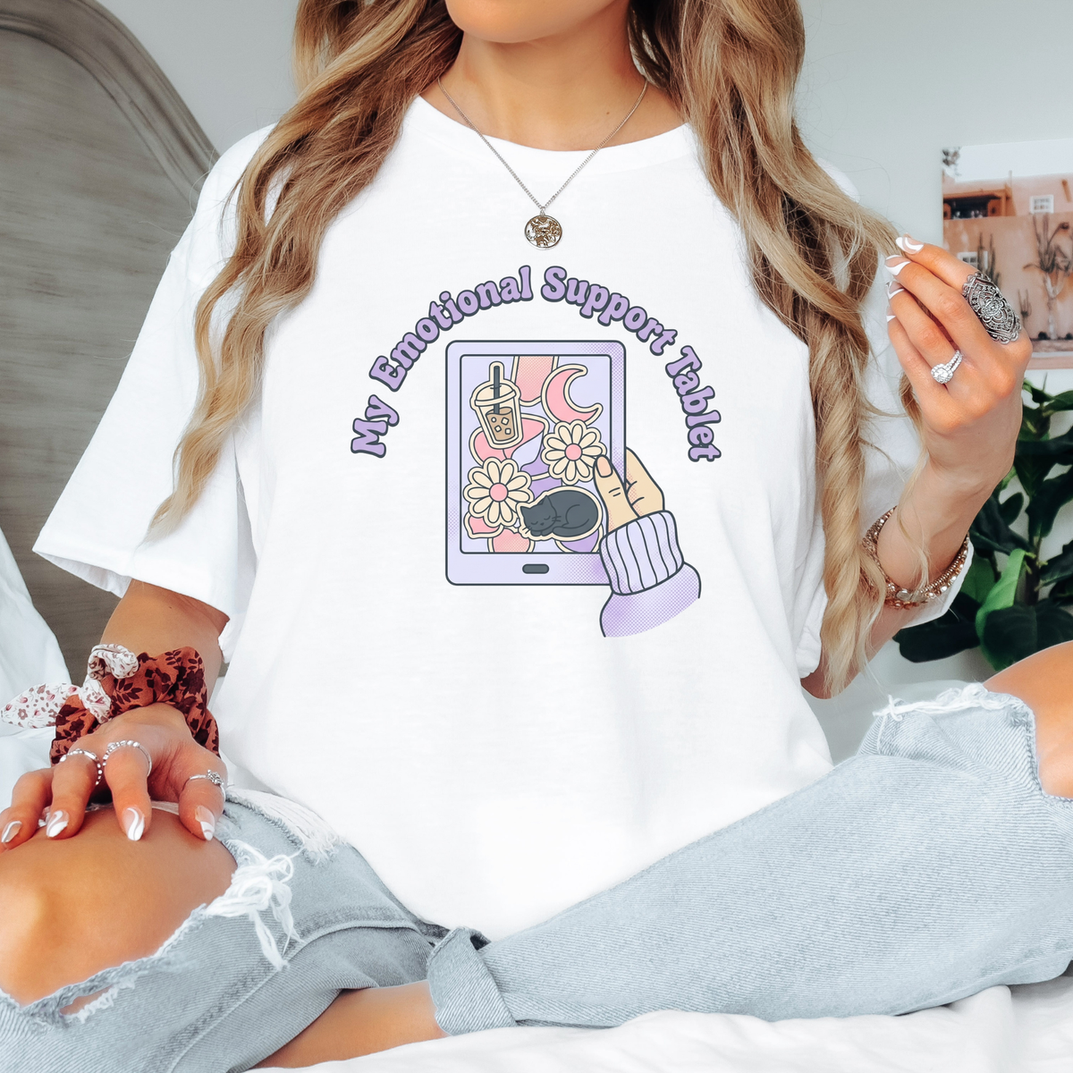 My Emotional Support Tablet t-shirt, illustrated e-reader with cat and boba tea, white e-reader lover tee