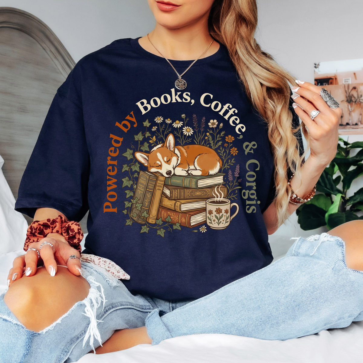 Corgi book lover shirt, powered by books coffee and corgis tee, vintage floral corgi graphic, book stack t-shirt for corgi owners